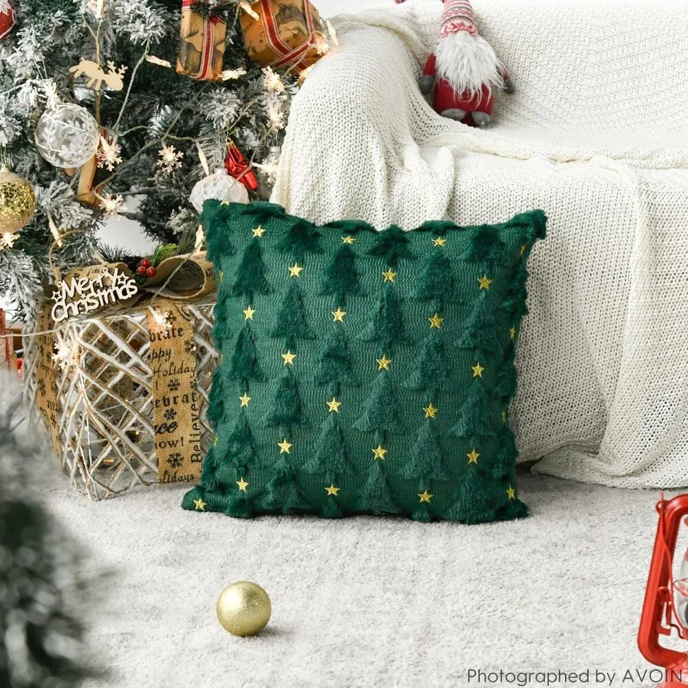 Seasonal Green Star Christmas Throw Pillow Covers - Set of 2 - Cozy Home Accent